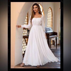 Joyfunear Ruched Bust Square Neck Bishop Sleeve A-line Formal Dress